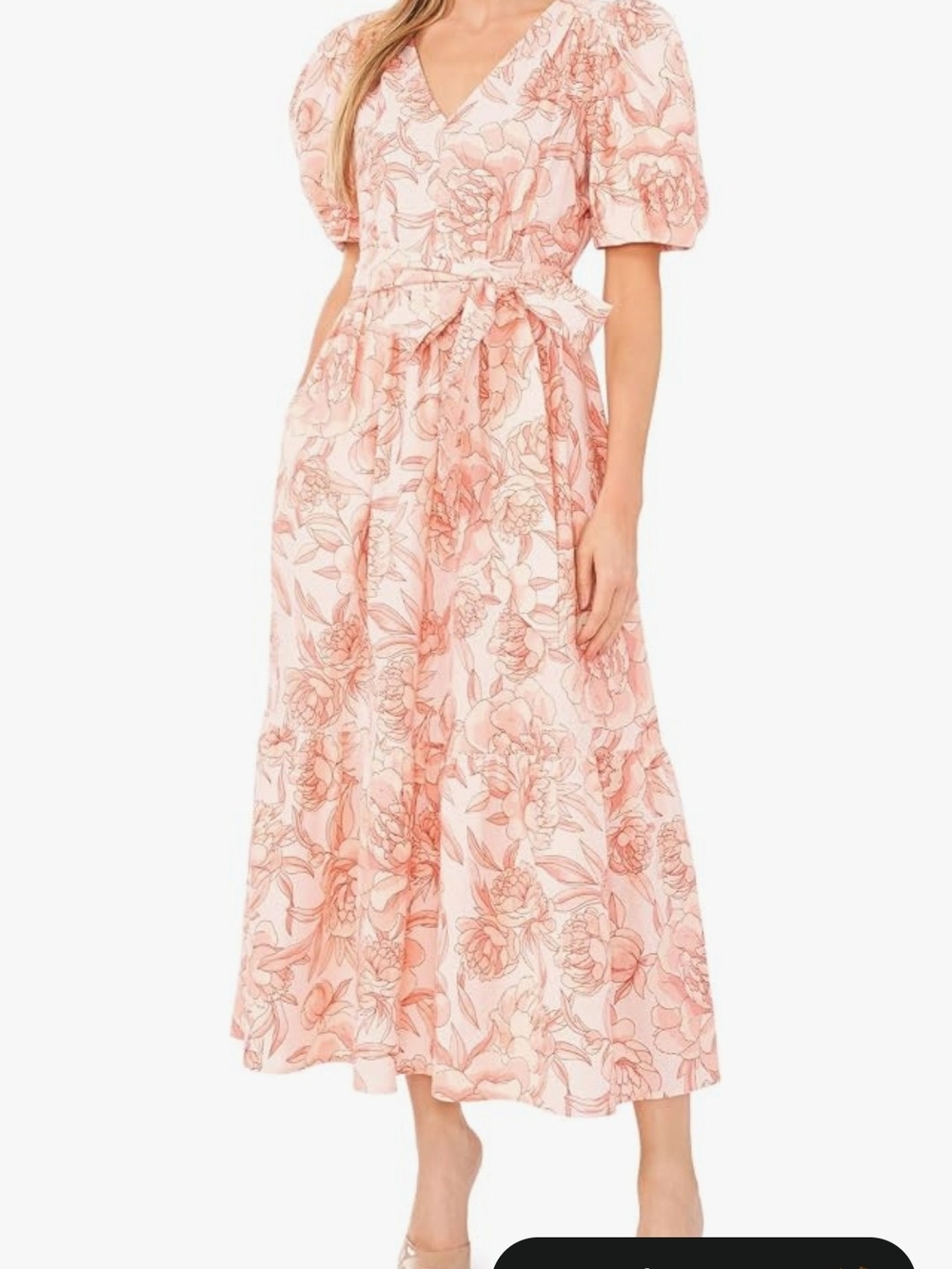 CeCe Pink Floral Puff-Sleeve Wrap Maxi Dress